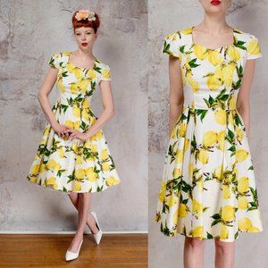 Yellow white floral lemons rockabilly dress